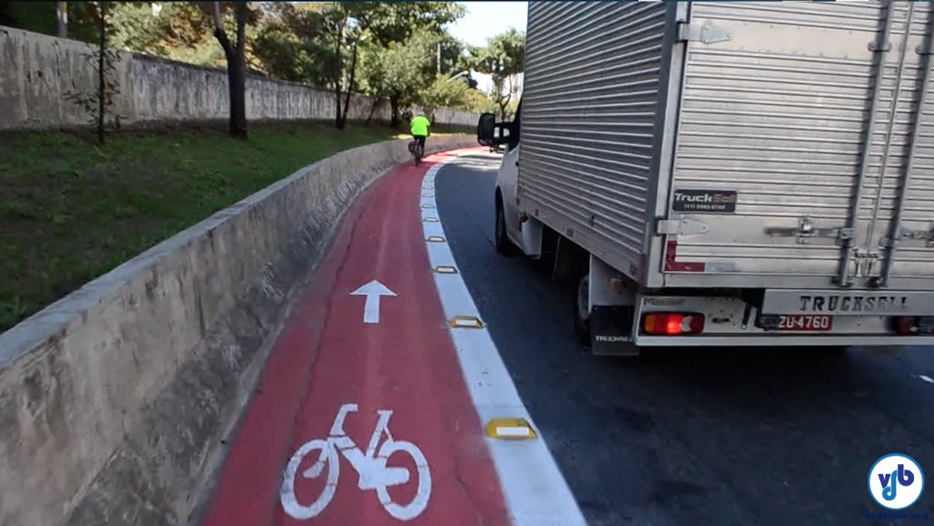 bicycling and policies image showing a narrow bike lane next to a truck